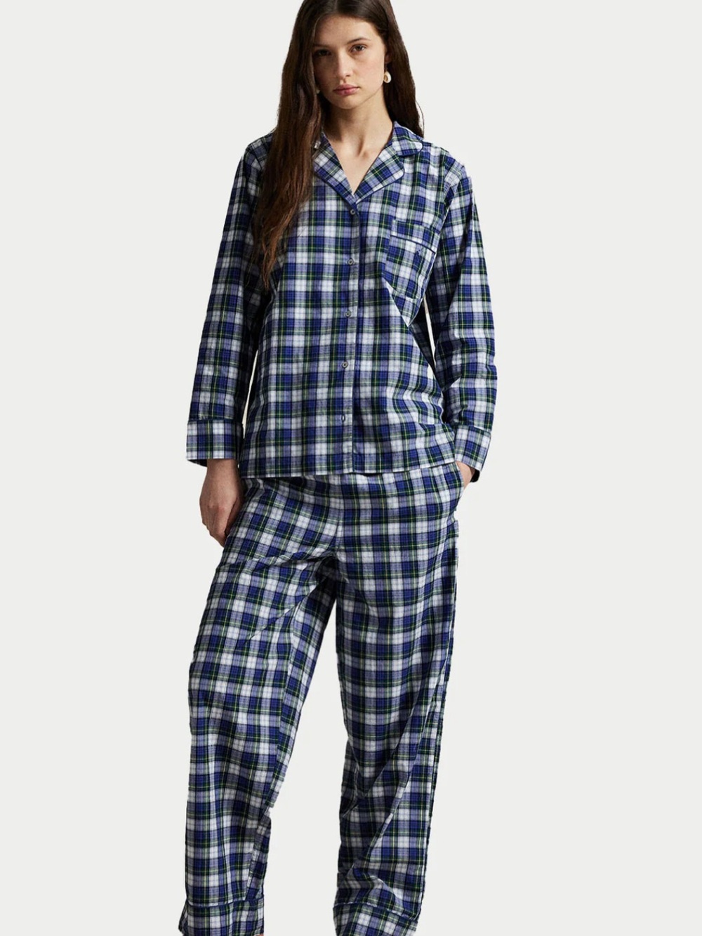 NWT Polo Ralph Lauren Plaid Twill Pajama Set Size Medium Blue White 100% Cotton